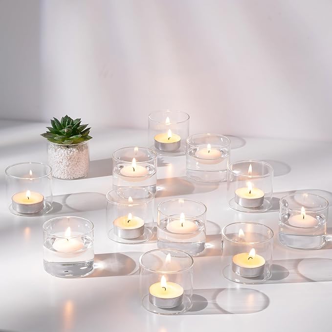 NUPTIO Clear Tealight Candle Holders: Set of 24 Glass Votive Holders Bulk - Small Floating Candleholder for Wedding Birthday Holiday Table Centerpieces Decoration (2.24 x 1.97 inch)