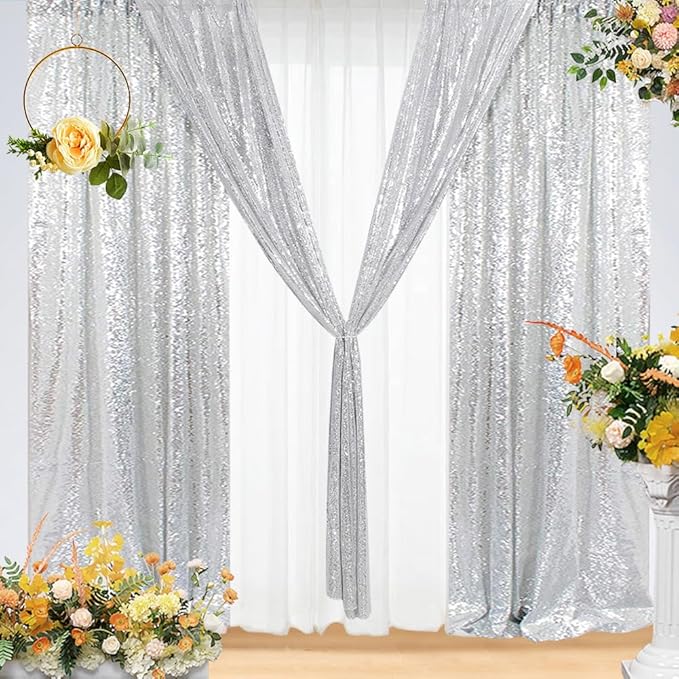 Eternal Beauty Silver Sequin Backdrop Curtains, Shimmer Back Drop 2Panels-3FTx7FT for Christmas, Party, Birthday, Photography, Wedding, Baby Shower Event Decoration