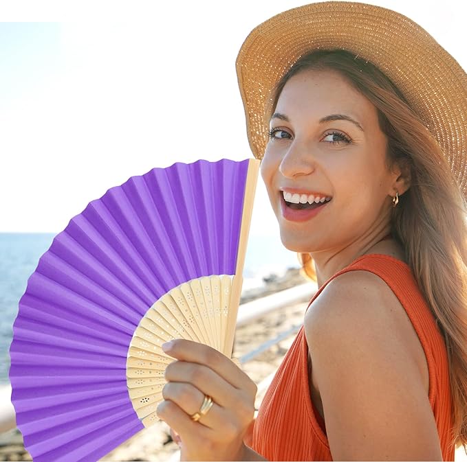 6 Pieces Purple Hand Held Bamboo Folding Fans Foldable Paper Fans Handheld for Women Girls Wedding DIY Decoration Church Home Party Favors Summer