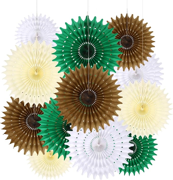 BestoFun 12PCS Paper Fans Neutral Green White Christmas Decorations Winter Party Decorations Tissue Paper Flowers Decorations for Winter Holiday Party Xmas Home Room Wall Hanging Décor