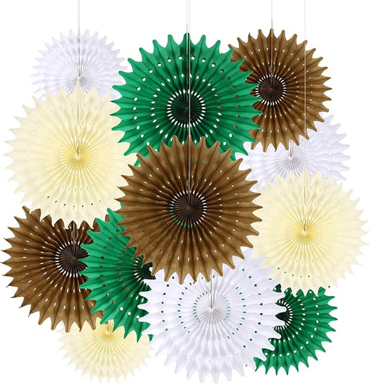 BestoFun 12PCS Paper Fans Neutral Green White Christmas Decorations Winter Party Decorations Tissue Paper Flowers Decorations for Winter Holiday Party Xmas Home Room Wall Hanging Décor