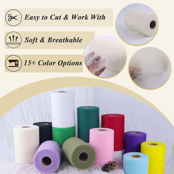 Ivory Tulle Fabric Roll 6" by 100 Yards (300 ft) Soft Tulle Spool for DIY Crafting Favor Supplies, Tutus, Wedding, Party Decorations, Gift Wrapping