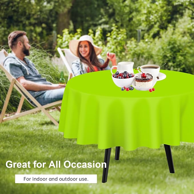 QIKSION Lime Green Round Tablecloth 6 Pack, 84 Inch Plastic Table Cover Disposable for Parties