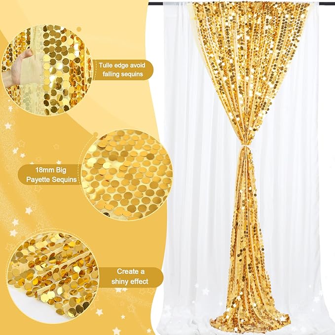 Big Payette Sequin Backdrop 4ftx8ft Gold Shimmer Backdrop Curtains Glitter Fabric Drapes for Birthday Party Baby Shower Decorations