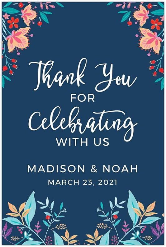 Andaz Press Personalized Extra Large Wedding Easel Board Party Sign, 12x18-inch, Vintage Bohemian Flowers on Navy Blue, Thank You for Celebrating With Us Bride Groom Name Date, 1-Pack, Custom