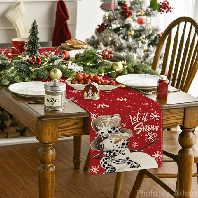 Artoid Mode Red Snowman Snowflake Let it Snow Winter Table Runner, Seasonal Christmas Kitchen Dining Table Decoration for Home Party Decor 13x120 Inch