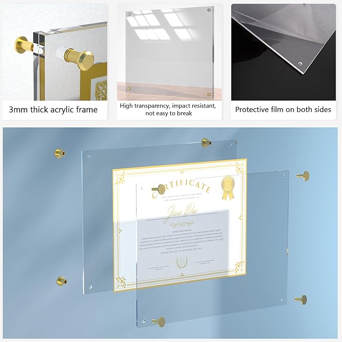 Acrylic Picture Frame for Wall, Clear Diploma Frame, No Drill Floating Frameless Photo Frame for Diploma Certificate Degree Document & Artworks Display, Graduation Gift for Students(2 Pack, 8.5X11 Straight edge)