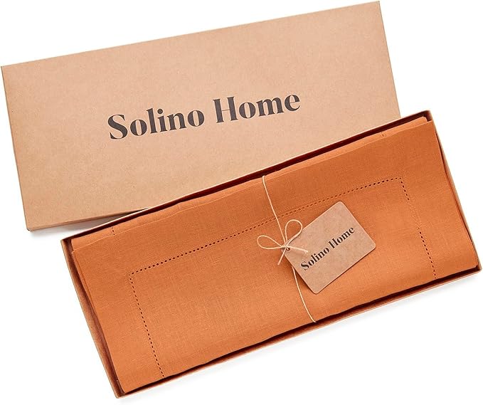 Solino Home Linen Pumpkin Table Runner 72 Inches Long - 100% Pure Linen Hemstitch Table Runner 14 x 72 Inch for Dresser, Dining, Fall, Autumn, Halloween, Thanksgiving, Holiday - Classic Hemstitch