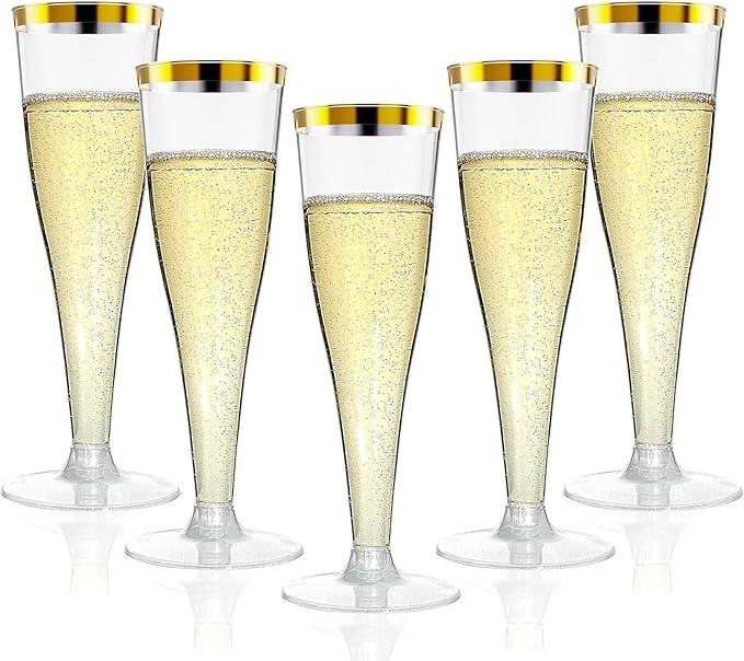 100 Pack Champagne Flutes Plastic Wine Glasses Disposable, 4.5 Oz Gold Rim Mimosa Glasses for 2025 Engagement Wedding Birthday New Years Eve Xmas Party Supplies, Bulk Toasting Cocktail Cups