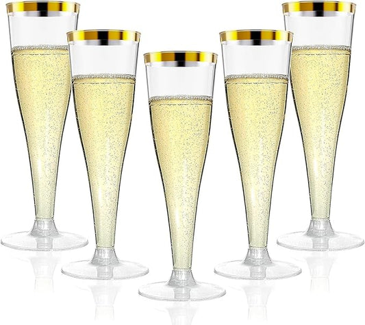 20 Pack Champagne Flutes Plastic Wine Glasses Disposable, 4.5 Oz Gold Rim Mimosa Glasses for 2025 Engagement Wedding Birthday New Years Eve Xmas Party Supplies, Bulk Toasting Cocktail Cups