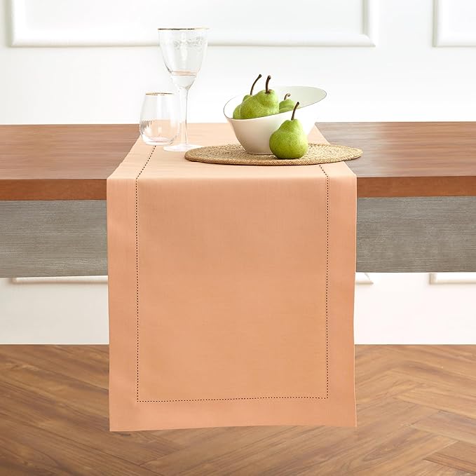 Solino Home Cotton Linen Peach Bloom Table Runner 72 Inches Long - Hemstitch Table Runner 14 x 72 Inch for Dresser, Dining