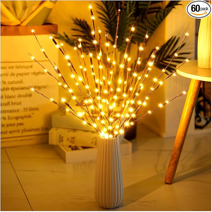 Lights Twig - 60 LED Waterproof & Battery Operated Branch Lights for Vases, Magical Light Up Twigs for Create Christmas Ambience and Lighting Up Dark (3 Pack, Warm Yellow)