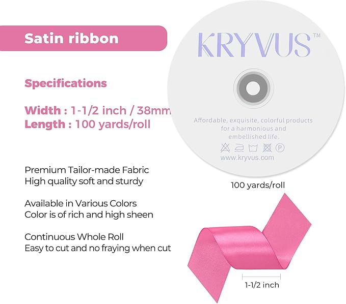 Hot Pink Satin Ribbon 1-1/2 inch X Continuous 100 Yards, Single Face Polyester Ribbon Perfect for Gift Wrapping, Flower Bouquet, Wedding Decor, Crafts, Bow Making, Sewing and More