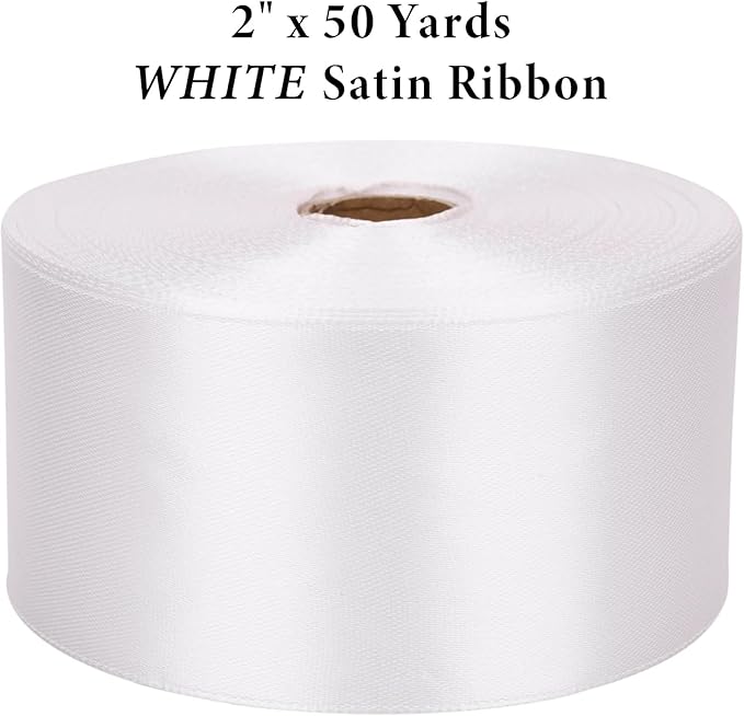 2" x 50 Yards White Satin Ribbon Single Faced Fabric Ribbons for Gift Wrapping, Large Crafting Projects, Flower Bouquet, Wedding, Home Decor