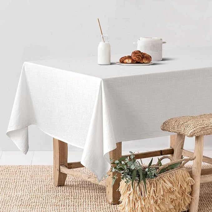 MIULEE White Linen Cotton Blend Tablecloth Rectangle, Luxury Waterproof Stain Resistant Durable Farmhouse Oblong Table Cloth for Dining Party Christmas Weddings Birthday Picnic Events, 52 x 84 inch