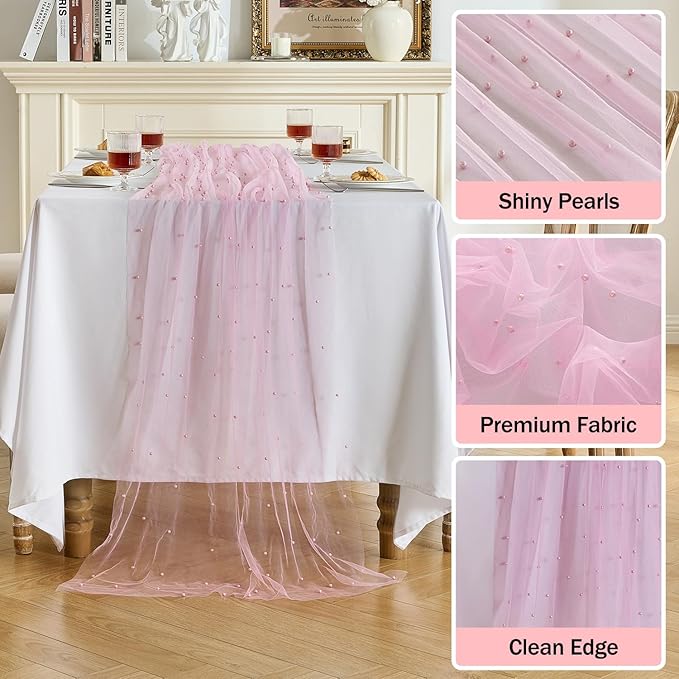 Fanami 3 Pack Pearl Table Runner -10FT Blush Pink Boho Tulle Table Runners 120 Inches Long Rustic Sheer Lace Fabric Centerpieces for Wedding Arch Birthday Party Bridal Veil Baby Shower Decorations