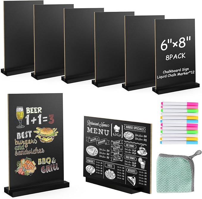 EHWINE Mini Chalkboard Easel Sign Set,8 Pack 6x8 Inch Wooden Boards with Acrylic Base and Liquid Chalk Markers, Reusable Double Sided Tabletop Display for Wedding, Restaurant, Party, Coffee Shop Decor