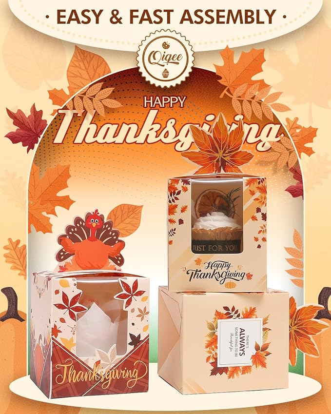 qiqee Thanksgiving Individual Cupcake Boxes Cupcake Holders Disposable 60pcs Single Cupcake Boxes with Window 3.7x3.7x4.5 inch Cupcake Containers For Thanksgiving