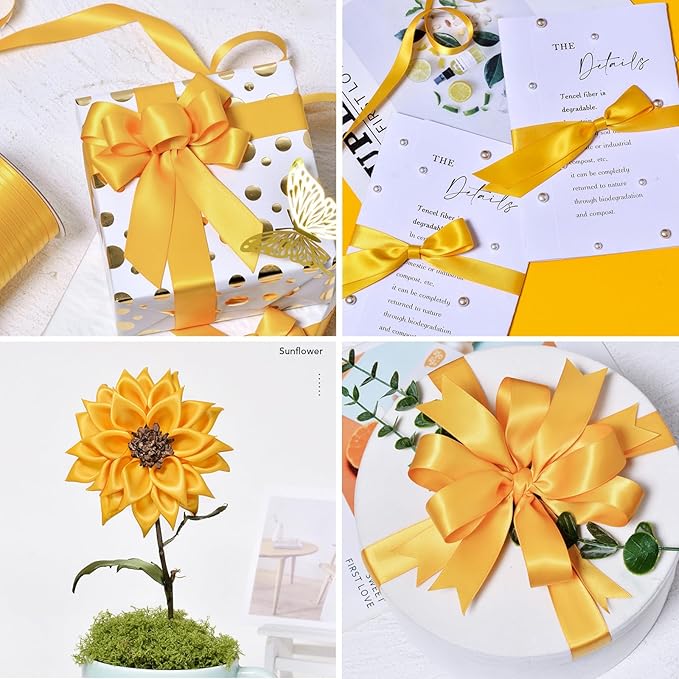5/8" x 50 Yards Yellow Satin Ribbon Single Faced Fabric Ribbons for Gift Wrapping, Crafting, Bows Making, Sewing, Wedding, Home Decor