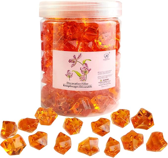 HappyFiller Fall Harvest Decor Orange Fake Ice Rocks Acrylic Chunks,Pirate Treasure Gems Stone,Vase Fillers,Resin Arts Crafts,Faux Crystal Dazzler,Centerpieces,Table Scatter,Home Decoration,14 OZ