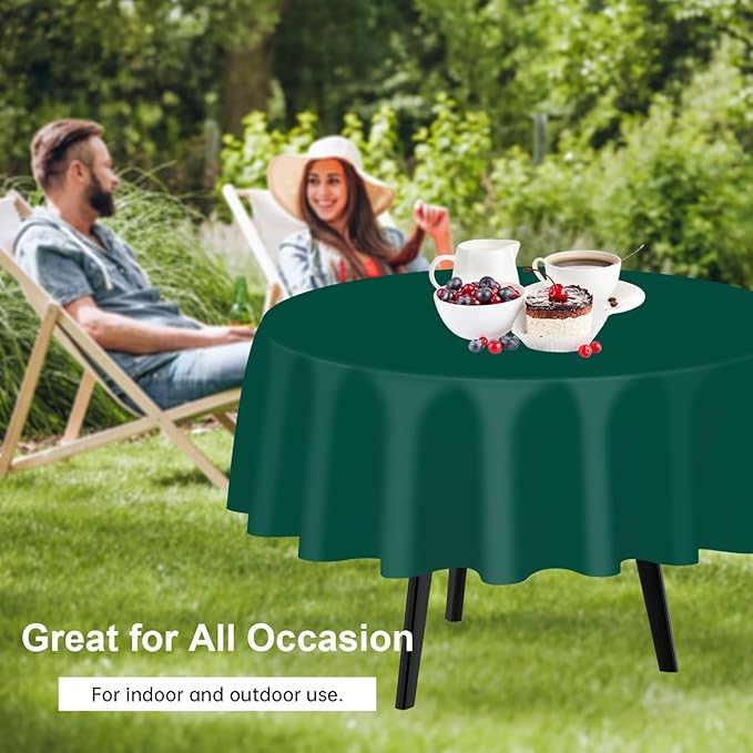 QIKSION Dark Green Round Tablecloth 3 Pack, 84 Inch Plastic Table Cover Disposable for Parties