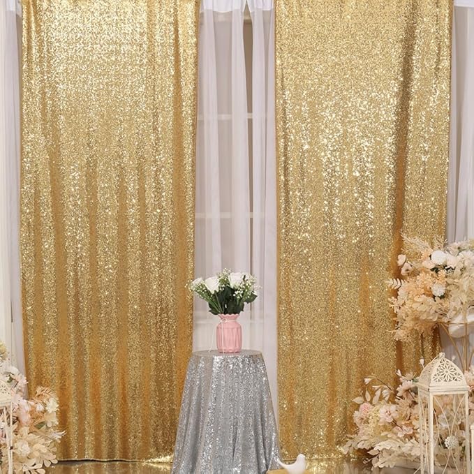Poise3EHome Gold Sequin Backdrop Curtain, 2 PCS 5FT x 10FT Glitter Panels for Birthday Party Baby Shower Wedding Christmas Thanksgiving Holiday Festival Decor