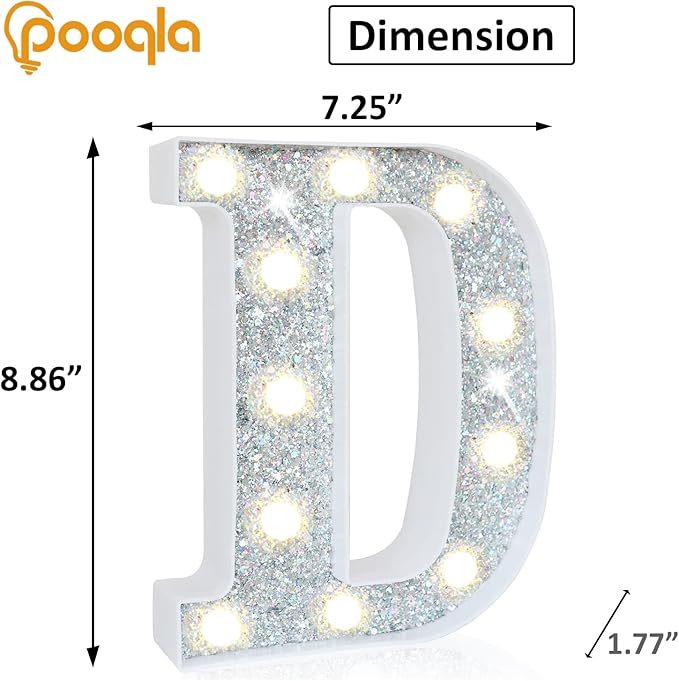 Pooqla Light Up Letters, LED Marquee Letters for Silver Birthday Decorations, Battery Powered Night Light Teenager Girl Room Decor, Gift for Girls Boys Wedding Bedroom Christmas Party Decor, Letter D