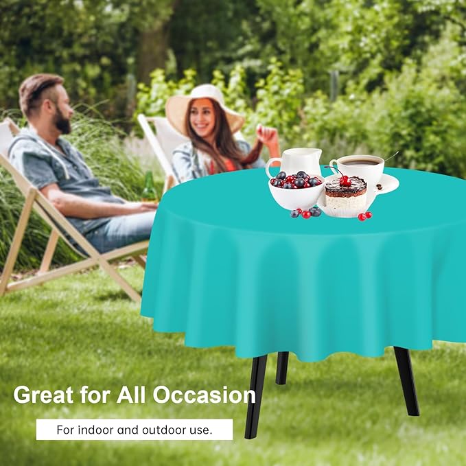 QIKSION Aqua Blue Round Tablecloth 2 Pack, 84 Inch Plastic Table Cover Disposable for Parties