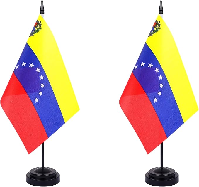 Venezuela Desk Flag 12" Solid Pole Deluxe Set Venezuelan Flags Banner Mini Small Venezuela Office Table Flags with Black Stand Base Desktop Decorations(2Pack)