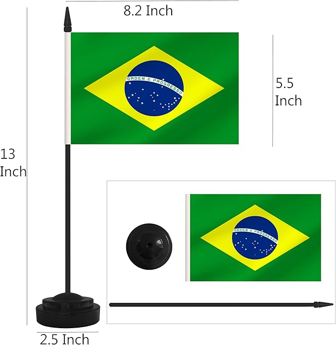 2 Pack Brazil Desk Flag Set, Brazilian Desktop Small Miniature Table Office Flag with 12" Black Pole and Black Base, Offices, Classroom, Home, Festival Decoration (Brazil)
