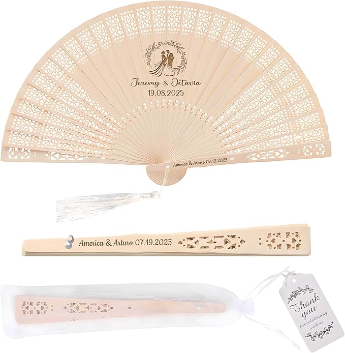 50 PCS Custom Fans Personalized Folding Fans for Line Dancing Wooden Hand Fan Wedding Favors Bulk Fans for Guests Party Event Use (Style03)