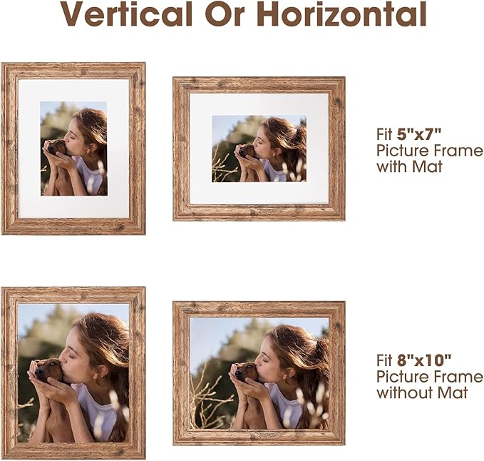 TWING 8x10 Picture Frame Set of 6, Vintage Walnut Photo Frames Display Pictures 5x7 with Mat or 8X10 Without Mat, Tabletop Display and Wall Mounting Home Decorative Photo Frames Pre-Installed, Walnut