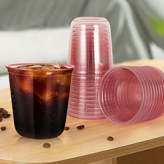 50 Pcs 12oz Crystal Pink Party Cups Disposable Plastic Cocktail Cups Plastic Wine Cups for Meeting Weddings Birthdays Cocktail Christmas Party Supplies (Pink,50 Pcs)