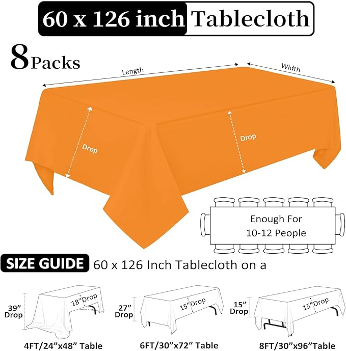 8 Pack Orange Tablecloth 60 x 126 Inch Rectangular Tablecloths for 8 Foot Rectangle Tables, Wrinkle Resistant Orange Table Cloth Washable Polyester Fabric for Buffet Wedding Party Banquet