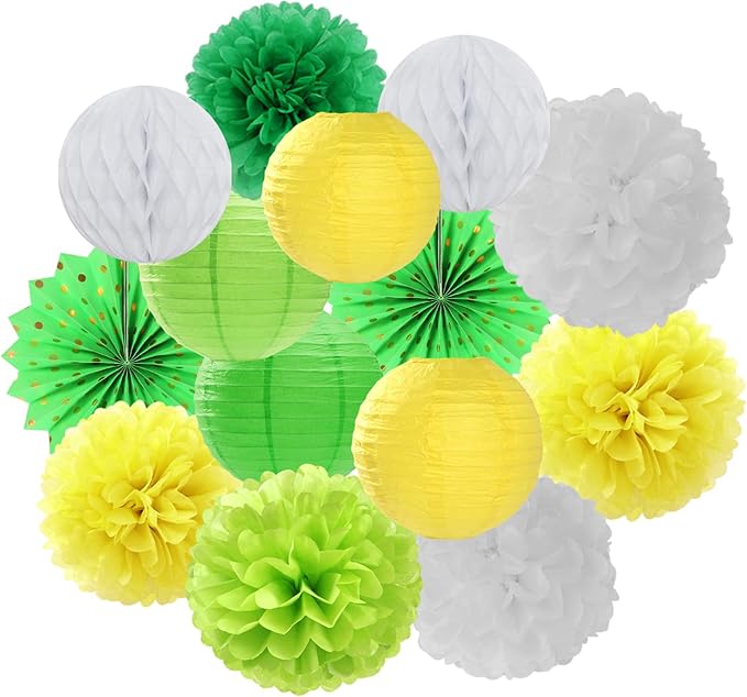 Yellow-White Green Party-Decorations Streamers-Lanterns - 14pcs Spring Summer Garden Tea Paper Fan,Birthday Baby Bridal Shower Wedding Tissue Pom Poms,Classroom Honeycomb Balls Decor Lasting Surprise