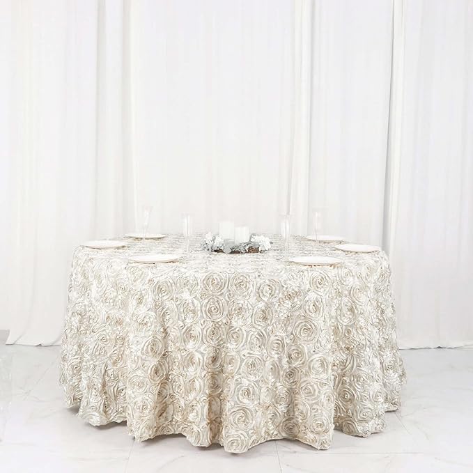 Efavormart 120" Wholesale Round Table Cover Ivory Grandiose Rosette 3D Satin Tablecloth for Wedding Party Event Decoration