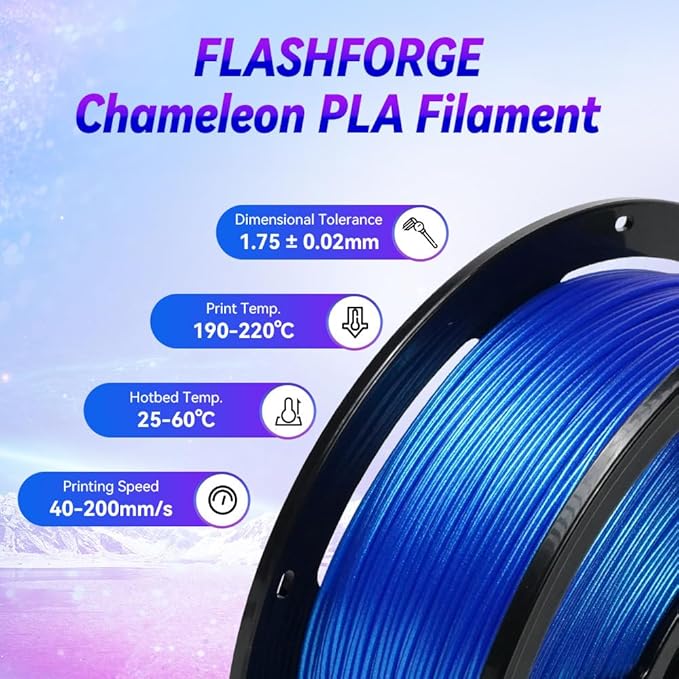 FLASHFORGE 3D Printer Filament Chameleon PLA Color Shift Filament 1.75mm, Changes Color with Light and Angles, 1KG Spool (2.2lbs), Dimensional Accuracy +/- 0.02mm for FDM 3D Printers (Skydiver)
