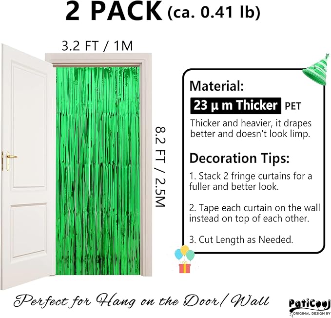 Green Streamers - Thicken 2 Pack 3.2 x 8.2 FT - Tinsel Foil Fringe Curtains Party Backdrop for Birthday, Dinosaur, Jungle, Football, Golf Party Decorations