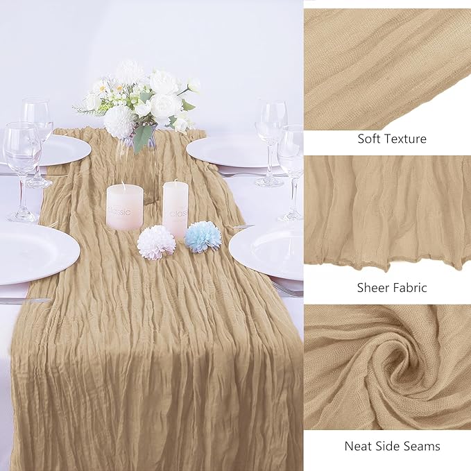 16PCS Beige Cheesecloth Table Runner - 35x120Inch Boho Gauze Cheese Cloth Table Runner Long Rustic Sheer Table Runners for Wedding Party Baby Bridal Shower Table Decor