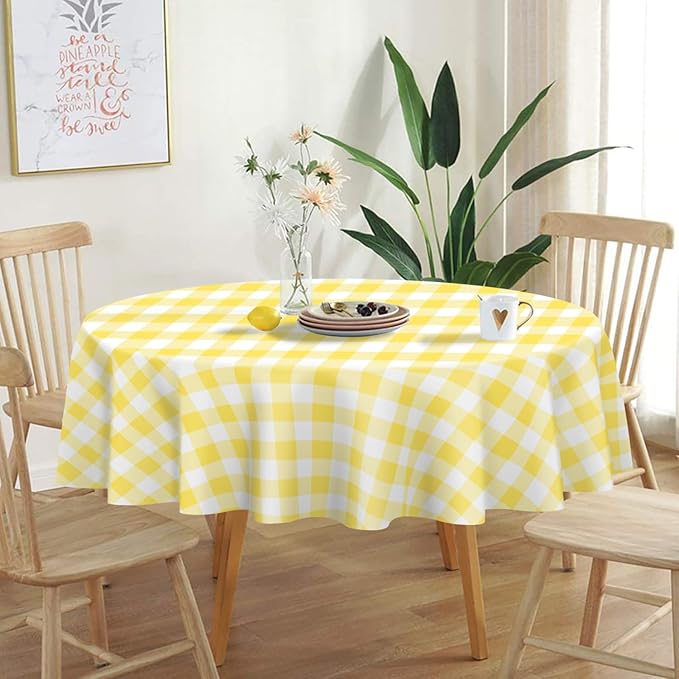 QIKSION Yellow Gingham Round Tablecloth 2 Pack, 84 Inch Plastic Checkered Table Cover Disposable for Parties
