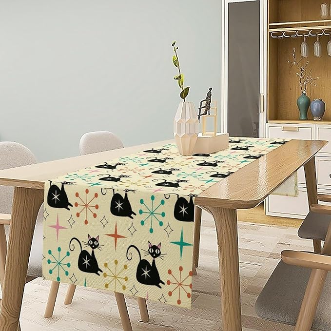 Mid Cat Table Runner, Vintage Black Cat and Atomic Stars 1950s 1960s Abstract Geometric Space Pattern Table Decoration for Home Kitchen Restaurant 13x70 Inches