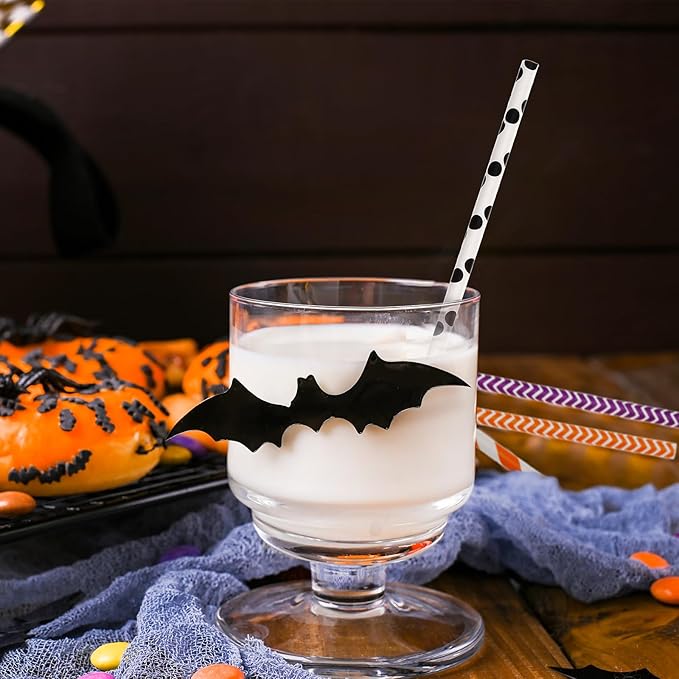 Shappy 125 Pieces Halloween Paper Straws Bulk, Disposable Decorative Drinking Straws with Dots/stripes/waves for Birthday, Wedding, Halloween and Christmas Party Supplies(Orange, Black, White, Purple)