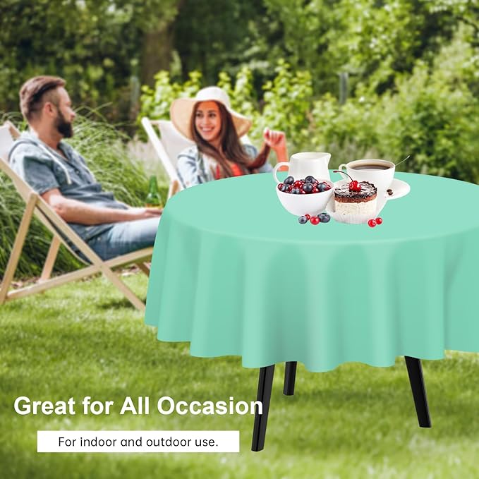 QIKSION Fresh Mint Round Tablecloth 12 Pack, 84 Inch Plastic Table Cover Disposable for Parties