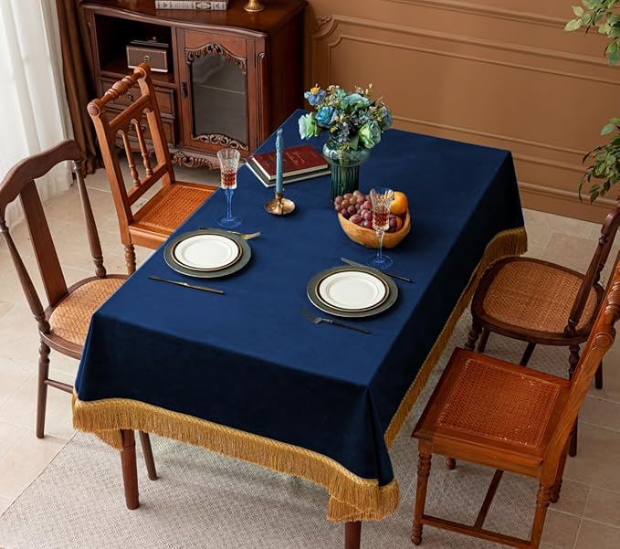 F-CHU Blue Tablecloth Thickset Velvet Tablecloth with Beautiful Gold Tassels Vintage Table Cloth for Home Decor Wedding, Party, Banquet and Events 60x86-Inch
