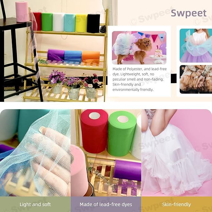 Swpeet 6 Inch by 100 Yards White Tulle Fabric Roll, Fabric Spool Tulle Ribbon, Netting Polyester Spool Ideal for DIY Handmade Birthday Party Wedding Decorations Christmas Craft Supplies