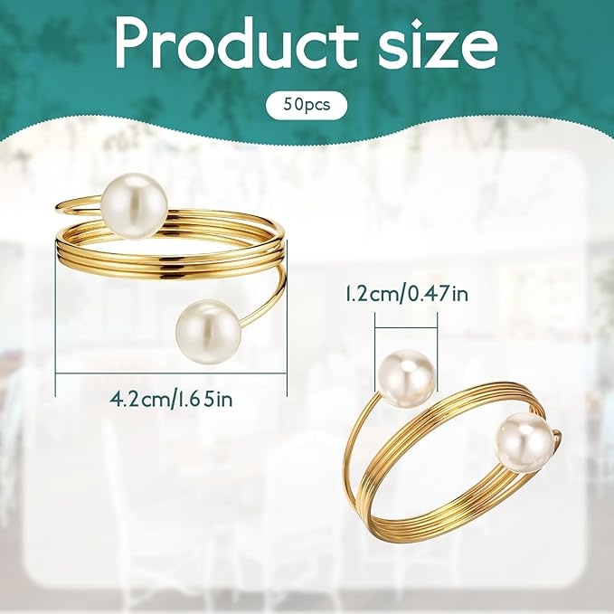 Elegant Pearl Napkin Rings, 50 Pcs Stylish Gold Napkin Ring, Delicate White&Gold Beaded Serviette Buckles for Wedding Thanksgiving Christmas Family Gathering Birthday Banquet Party Table Supplies