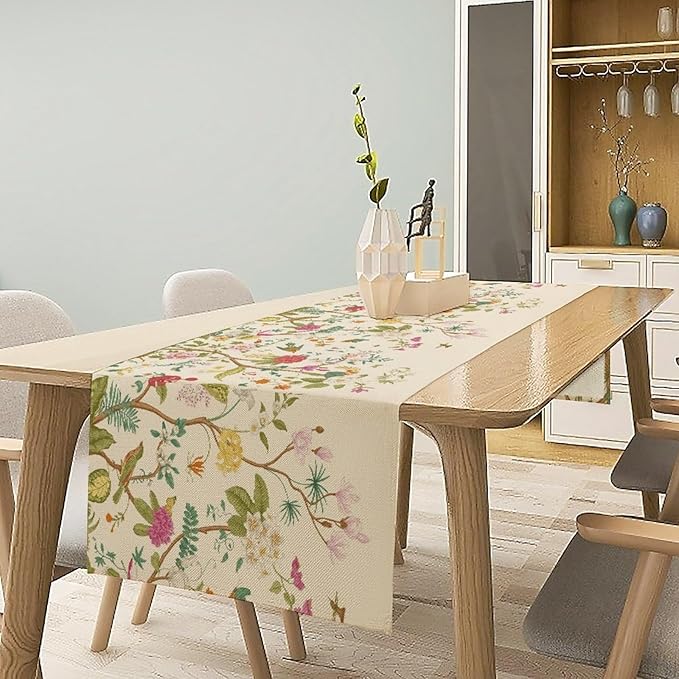 Floral Table Runner, Vintage Birds Wildflowers Herbs Nature Theme Linen Long Table Kitchen Dining Table Holiday Party Decorative Table Runner,13in（33cm） W * 120in（305cm） L