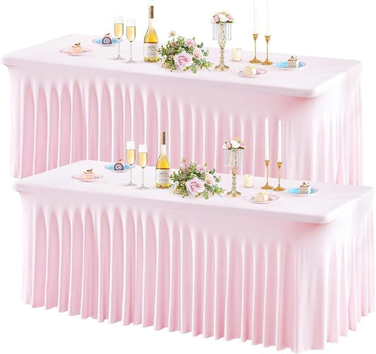 Wish Care 2 Pack Pink Spandex Table Clothes for 4 Foot Rectangle Tables, 4FT Wrinkle Free Fitted Tablecloths Ruffles Design Table Cover for Party, Banquet, Wedding and Events