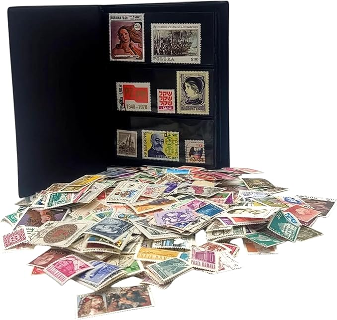 IMPACTO COLECCIONABLES – 1000 World Stamps Collection with Included Album (5.5 x 7 x 0.4 in) | Enhance Your philatelic Collection with Authentic postmarked Stamps in a Compact and Elegant Album