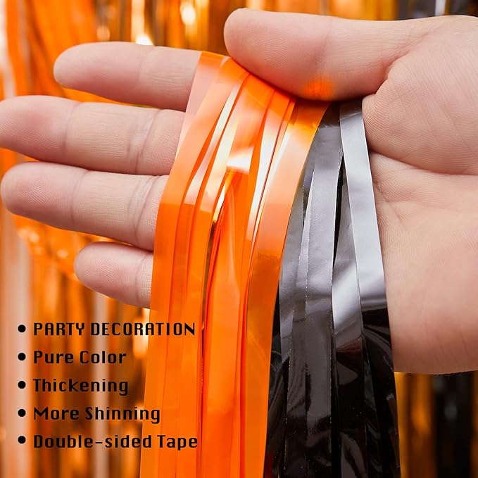 4 Pack Black and Orange Tinsel Foil Fringe Curtains, Halloween Party Photo Backdrop Streamers Backdrop for Birthday Anniversary Party Halloween Party Decoration